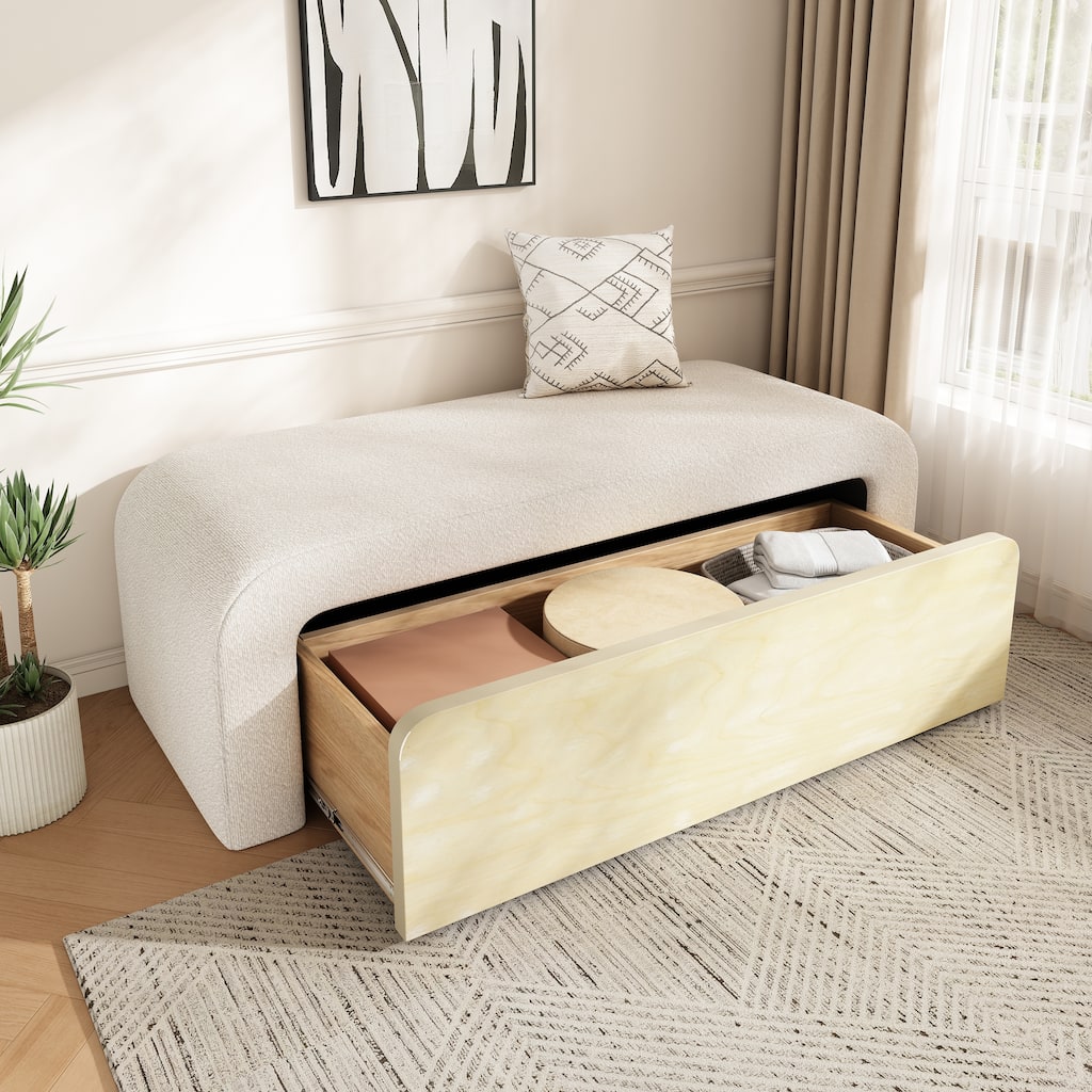 Roomfitters Upholstered Storage Ottoman with Drawer and Rounded Corners, Modern Entryway Bench, White