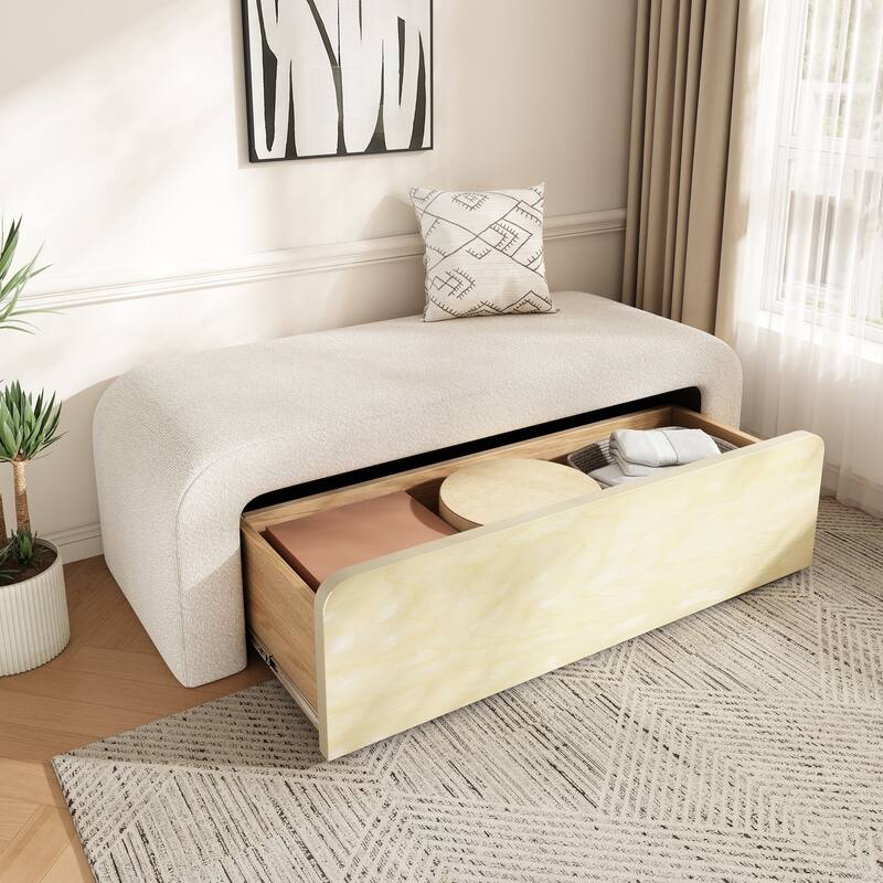 Roomfitters Upholstered Storage Ottoman with Drawer and Rounded Corners, Modern Entryway Bench, White - Light Brown,White
