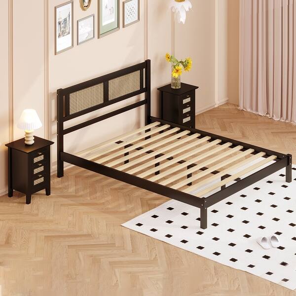 slide 2 of 48, 3-Piece Queen Bedroom Set with Platform Bed, Rattan Headboard, and Nightstands Black - Queen