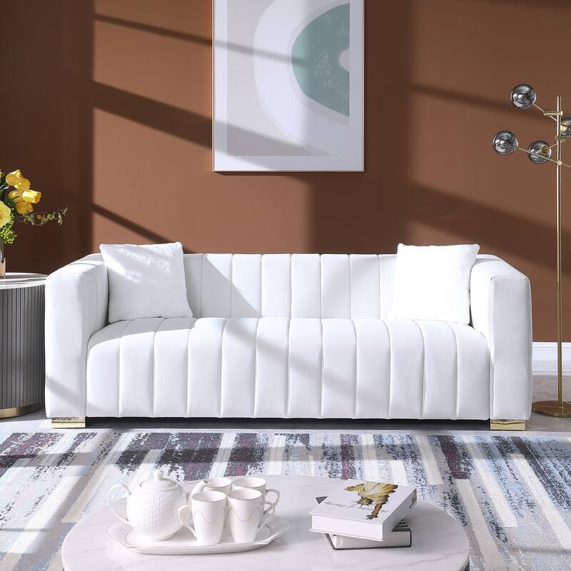 Modern Chesterfield Couch Channel Sofa with Velvet Upholstery - Beige