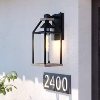 VAXCEL Napier 1-Light Forged Black and Rustic Elm Dusk to Dawn Sensor Outdoor Wall Sconce, Steel, Clear Seeded Glass Shade
