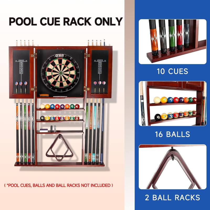 GSE™ 10-Cue Wall Mounting Billiard Cue Rack & Dart Board Cabinet Combination. Hanging Wall Pool Stick Holder & Dartboard Cabinet