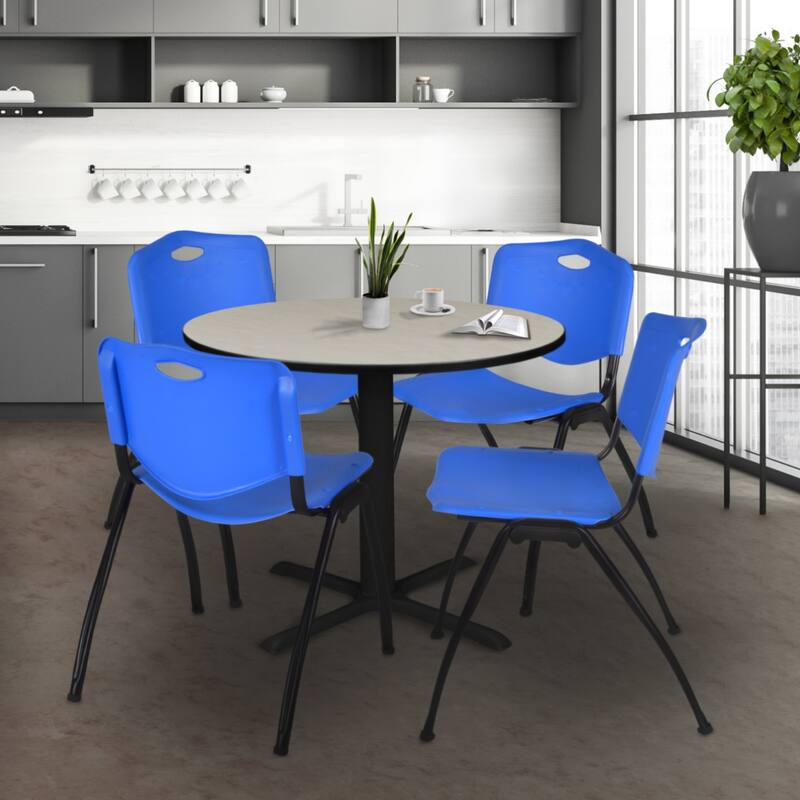 36" Round Breakroom Table- Maple & 4 'M' Stack Chairs- Blue - 36