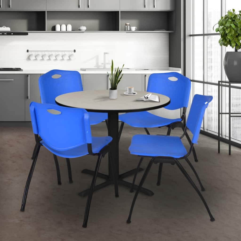 36" Round Breakroom Table- Maple & 4 'M' Stack Chairs- Blue - 36