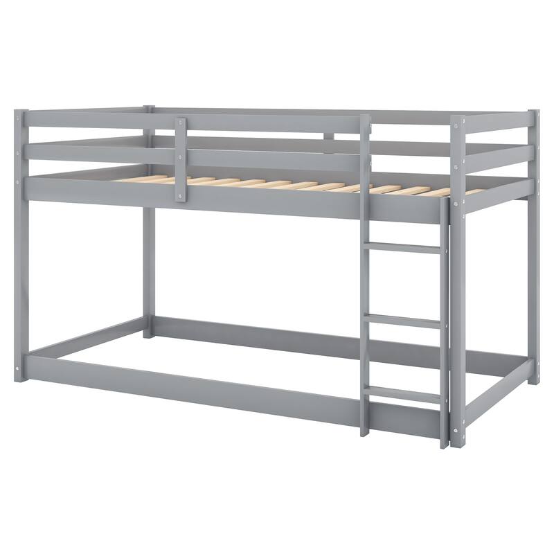 Twin Over Twin Floor Bunk Bed with Ladder, Gray - Solid Pine Wood, Low Design, Safety Guardrail