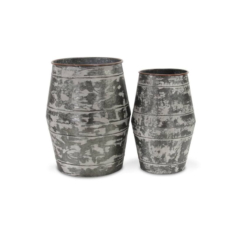 Set of Two Gray Galvanized Metal Cylinder Floor Vases - 17.25