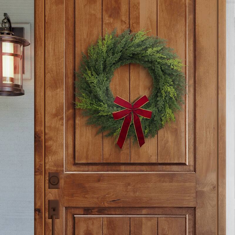 Cypress and Bow Ribbon Artificial Christmas Wreath - 22" - Unlit
