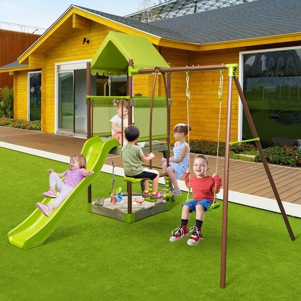slide 2 of 10, Costway 7-in-1 Swing Set with Covered Fort Height Adjustable Swing - See Details Green - See Details - Kids