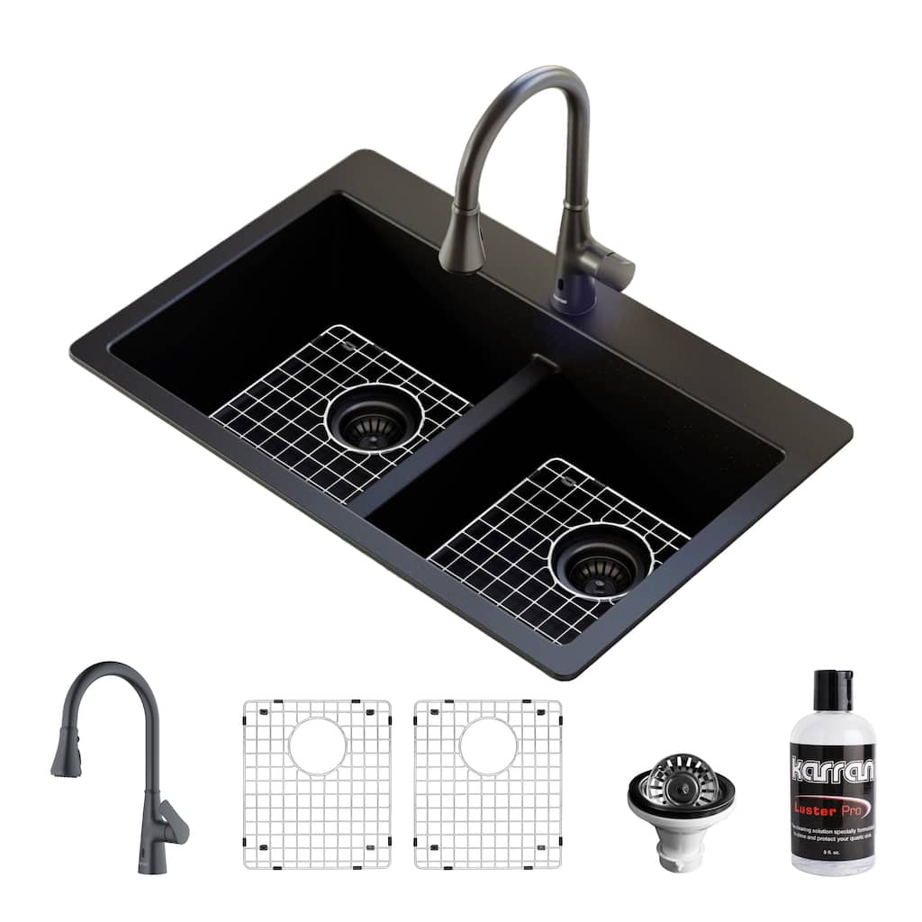 Karran 33" Top Mount Double Bowl 50/50 Quartz Kitchen Sink in Black with Faucet in Gunmetal Grey