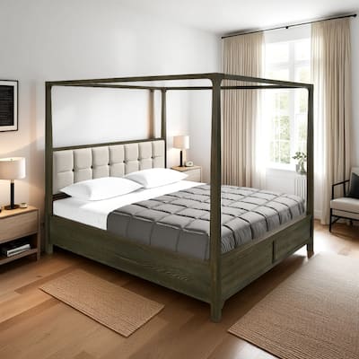 Seon California King Bed, 4 Posters, Ivory Upholstery Dark Cocoa Brown