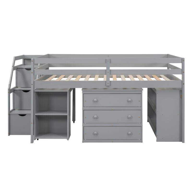 Full Size Loft Bed with Retractable Desk, Storage Stairs, and Shelves, Gray