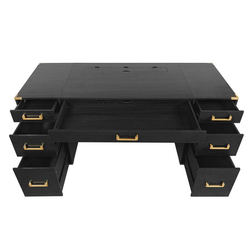 70" Traditional Executive Desk with Metal Trim, 2 File Drawers, USB Ports & Hidden Compartment