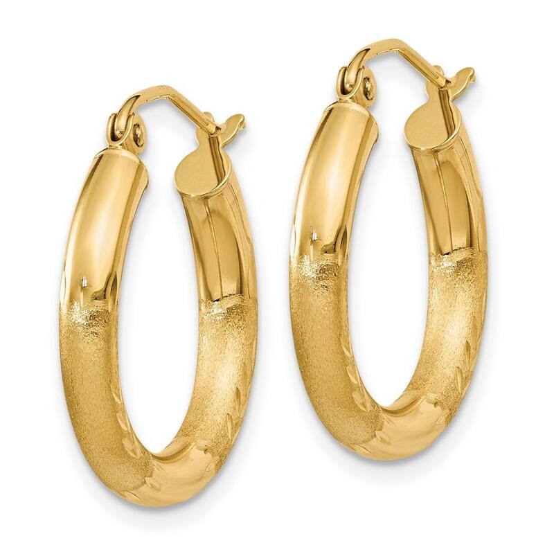 Curata 14k Yellow Gold Satin and Sparkle Cut 20x3mm Round Hoop Earrings