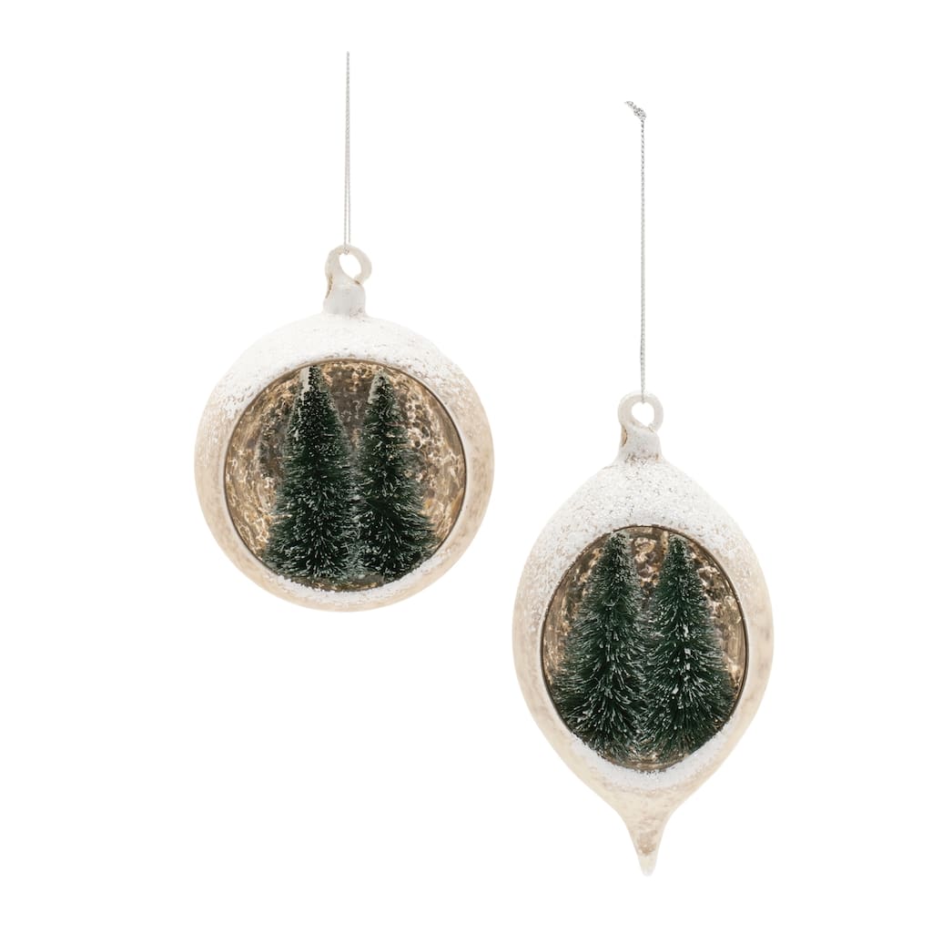 Mercury Glass Ornament with Pine Trees (Set of 6) - N/A