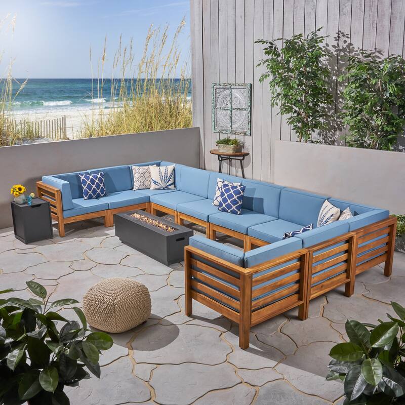 Malawi Outdoor 12-Piece U-Shaped Acacia Wood Sectional Sofa Set with Fire Pit by Christopher Knight Home - teak + dark gray + blue cushion