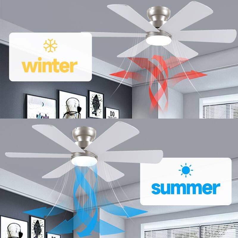 52 Inches Nickle Flush Mount Ceiling Fan with Light,3 Color Temperature LED,Reversible DC Motor - 52 Inches