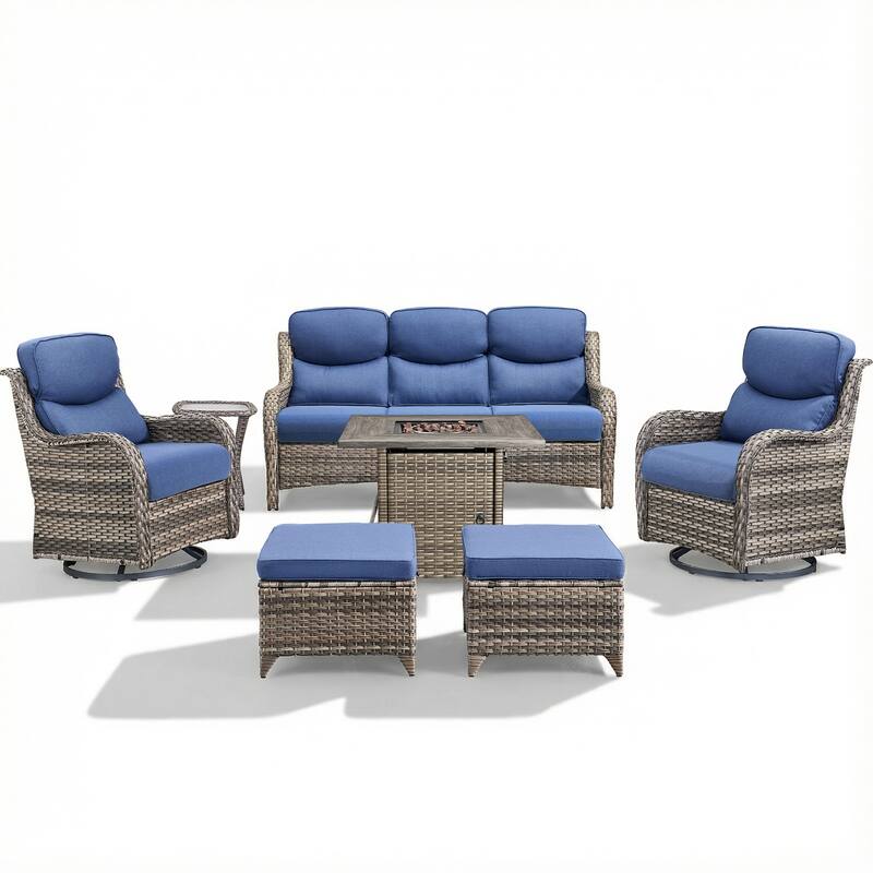 Pocassy Outdoor Propane Fire Table with Sofa Swivel Chair Ottoman Funiture Set.