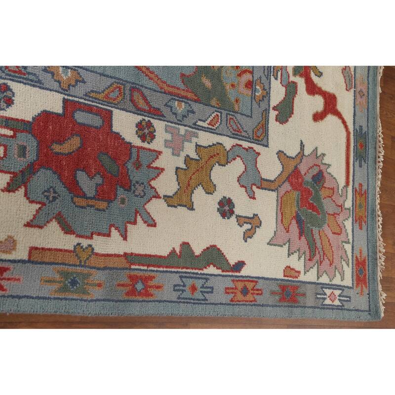 Floral Blue Oushak Oriental Area Rug Hand-Knotted Wool Carpet - 9'3" x 12'0"