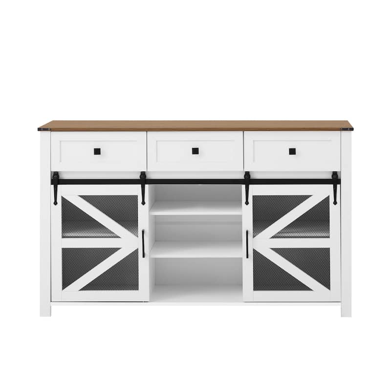 55" Sliding Barn Door Sideboard Buffet Cabinet with 3 Drawers, Adjustable Shelves, Metal Mesh & Particleboard Doors