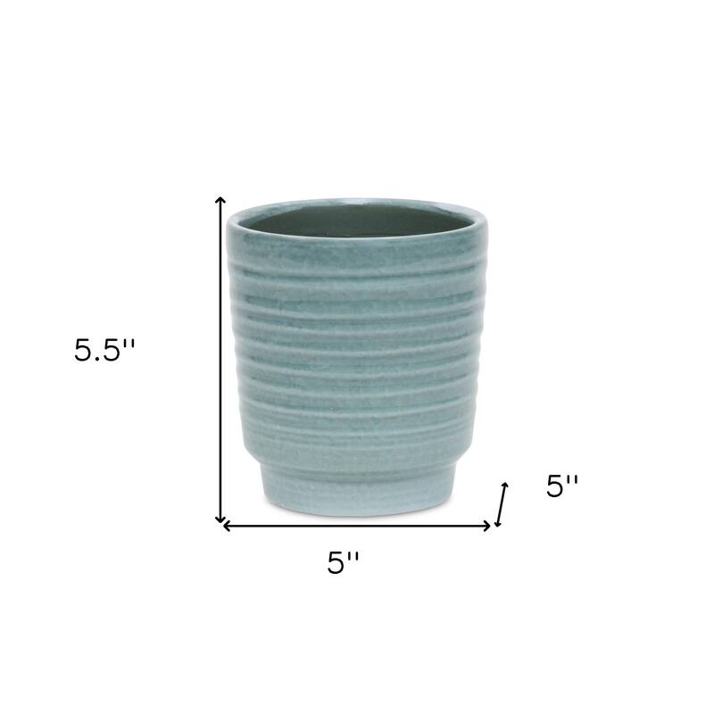 HomeRoots Celadon Ceramic 35 Ounce Striped Round Distressed Pot Planter - 5.00 in. x 5.50 in. x 5.00 in.