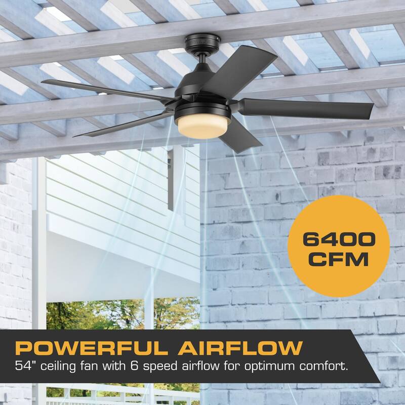 54" Mule F5 Matte Black Outdoor Wet-Rated Ceiling Fan with LED Light and Remote Control - 54 Inches