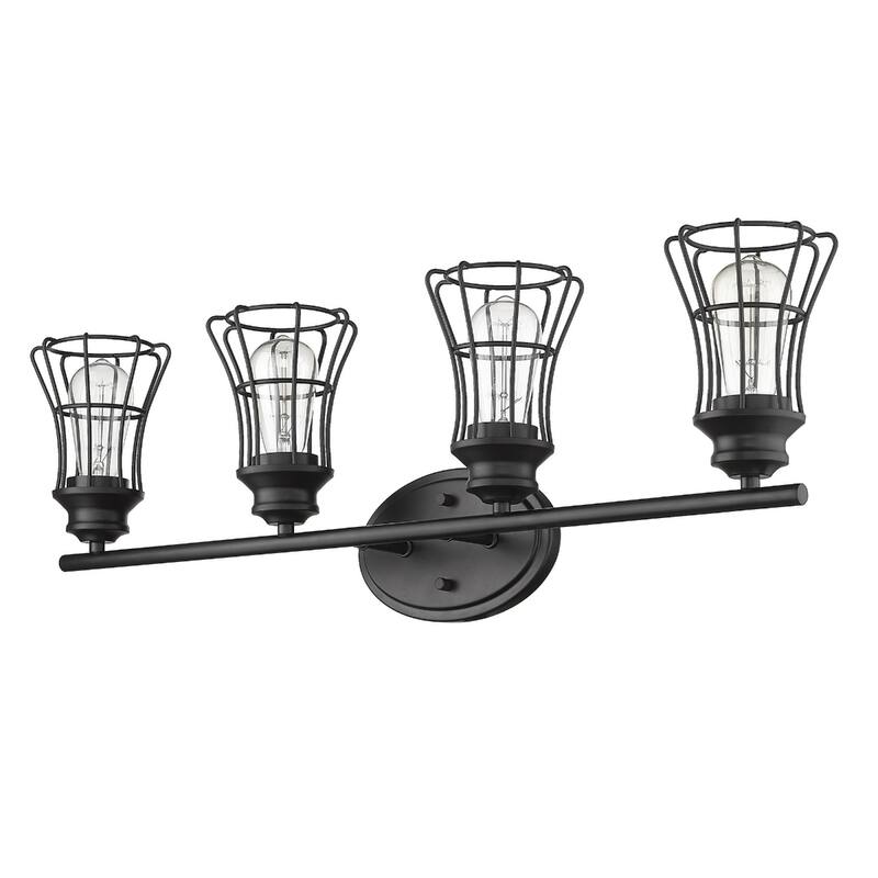 Modern 4-Light Vanity Wall Light in Matte Black with Metal Cage Shades and E26 Base Damp Rated - 9.25"H x 32.25"W x 6.25"D