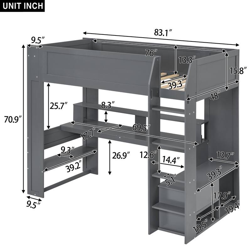 Twin Size Solid Wood MDF Gaming Loft Bed with Desk, Multi-storage Shelves, LED and Charging Station