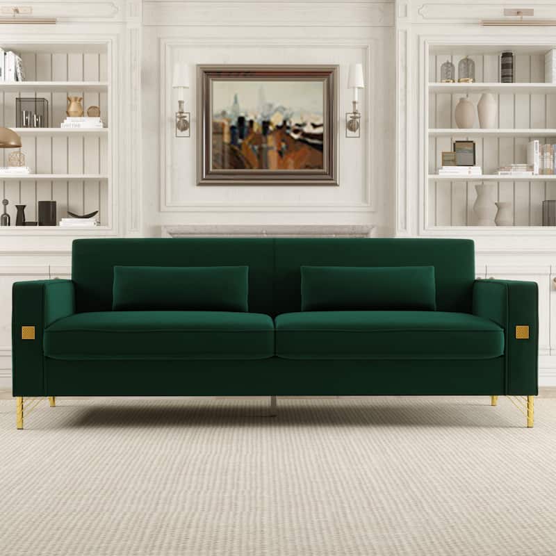 Modern 85.63" Velvet 3-seater Sofa with Gold Accents and Plush Cushions for Living Room - Retro Green