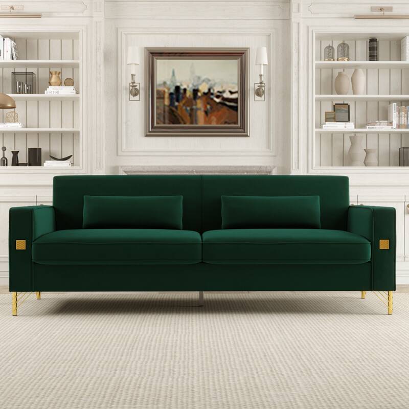 Retro Green Modern 85.63" Velvet 3-seater Sofa with Gold Accents and Plush Cushions for Living Room - Retro Green
