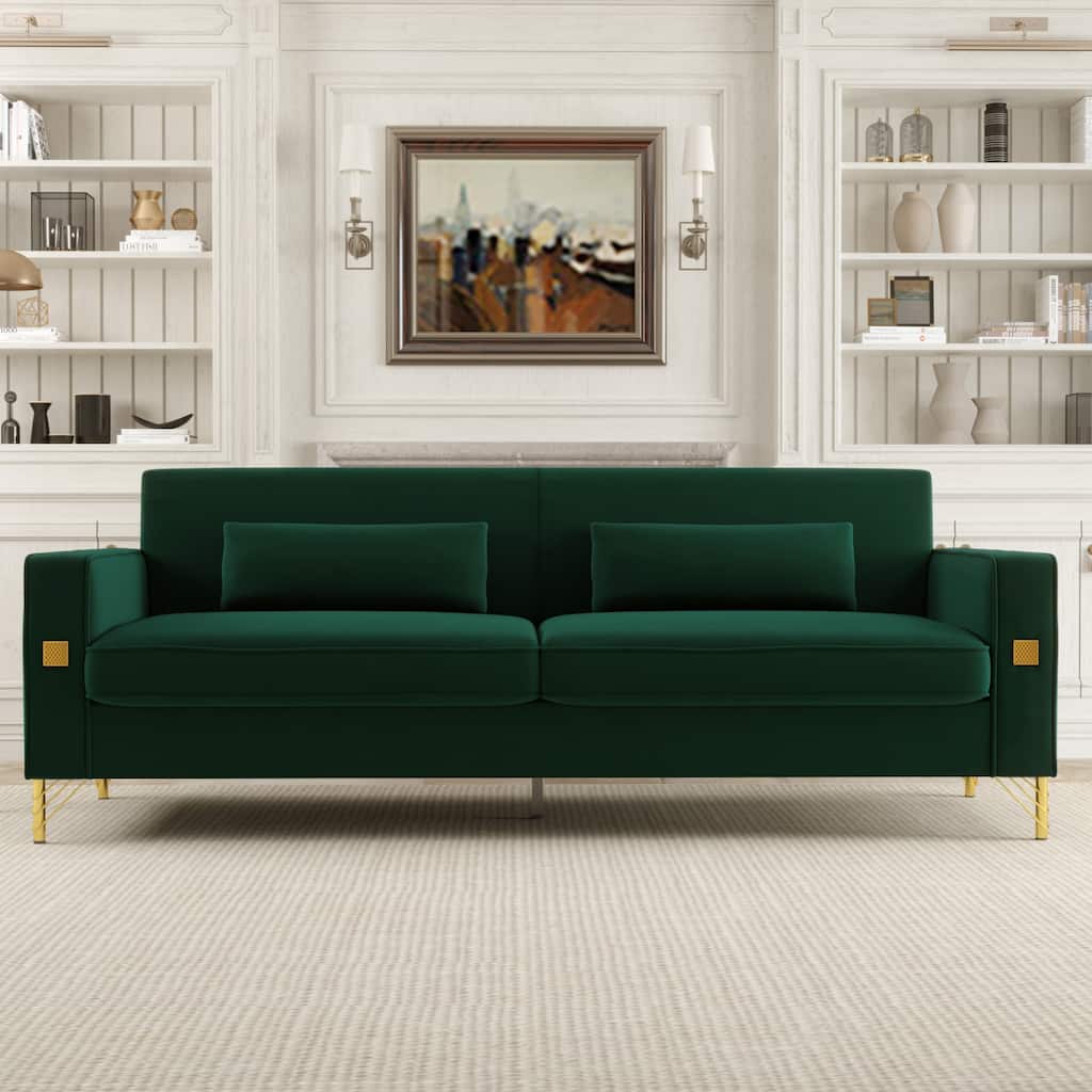Retro Green Modern 85.63" Velvet 3-seater Sofa with Gold Accents and Plush Cushions for Living Room