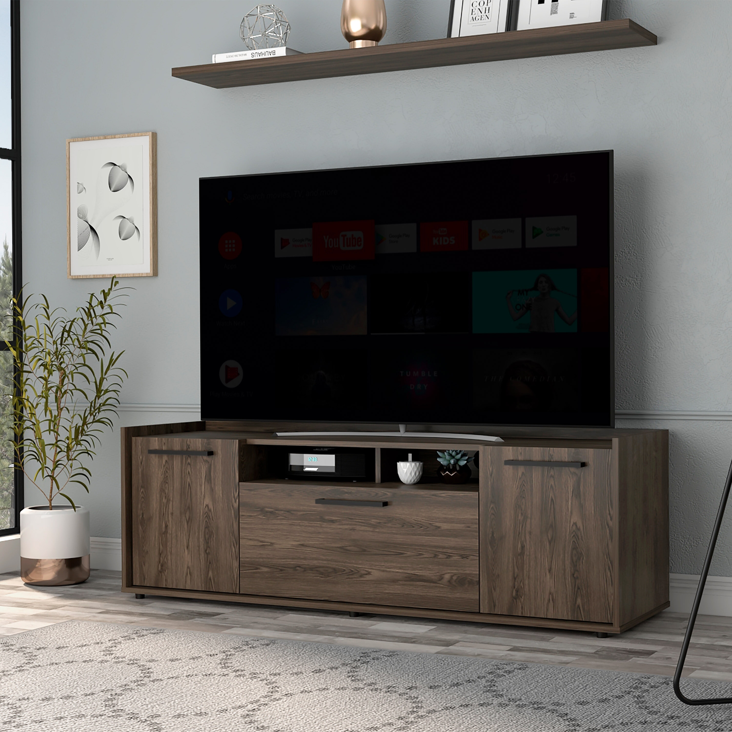 Modern Style Living Room TV Stand for 40 45 50 55 60 65 inch TVs Media Console Table Entertainment Center Dark Walnut