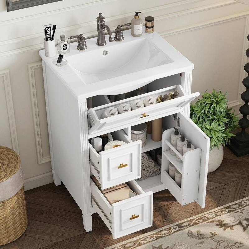24-Inch Bathroom Vanity with Sink, Solid Wood and MDF Cabinet - White