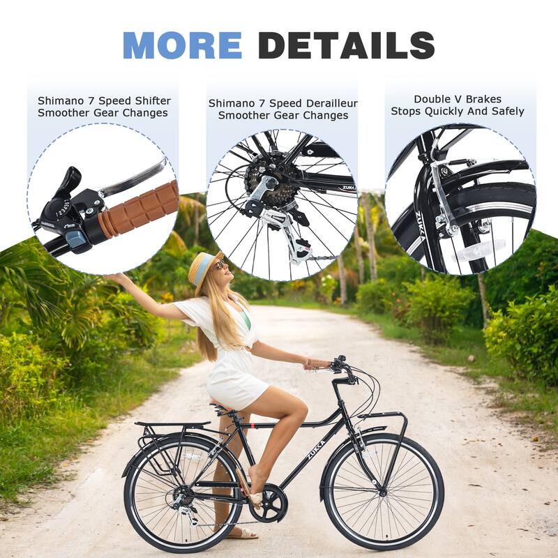 26-Inch Vintage Style Bike with Steel Frame, Shimano 7-Speed, Double V Brakes, and Retro Design for Adults