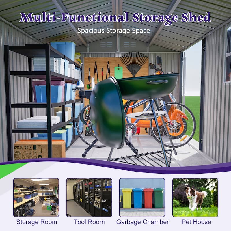 10X8FT Outdoor Steel Storage Shed with Clear Window, Lockable Doors, Weather-Resistant Metal Tool Shed, Gray
