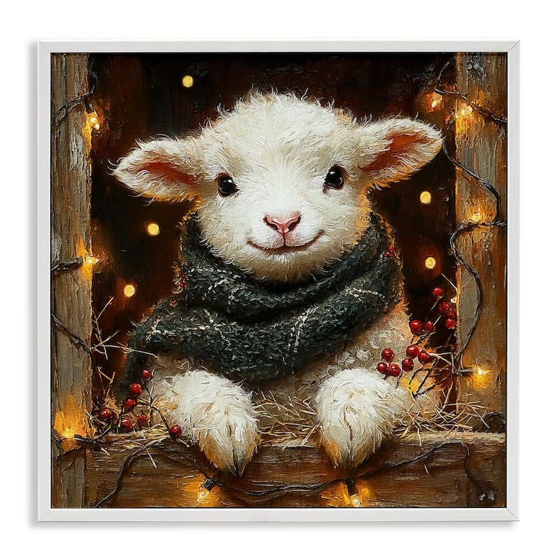 Stupell Festive Lamb with Holiday Lights Framed Giclee Art Design By Riley B - 17 x 17 - White