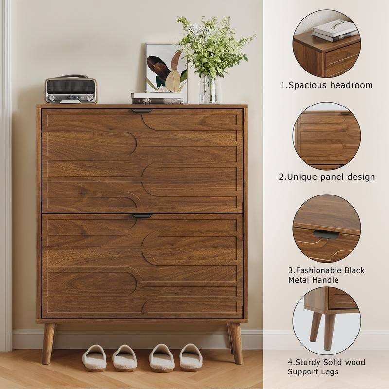31.5"W Walnut Shoe Cabinet, 18 Pair Shoe Storage Cabinet W/2 Flip-Top Drawer - N/A