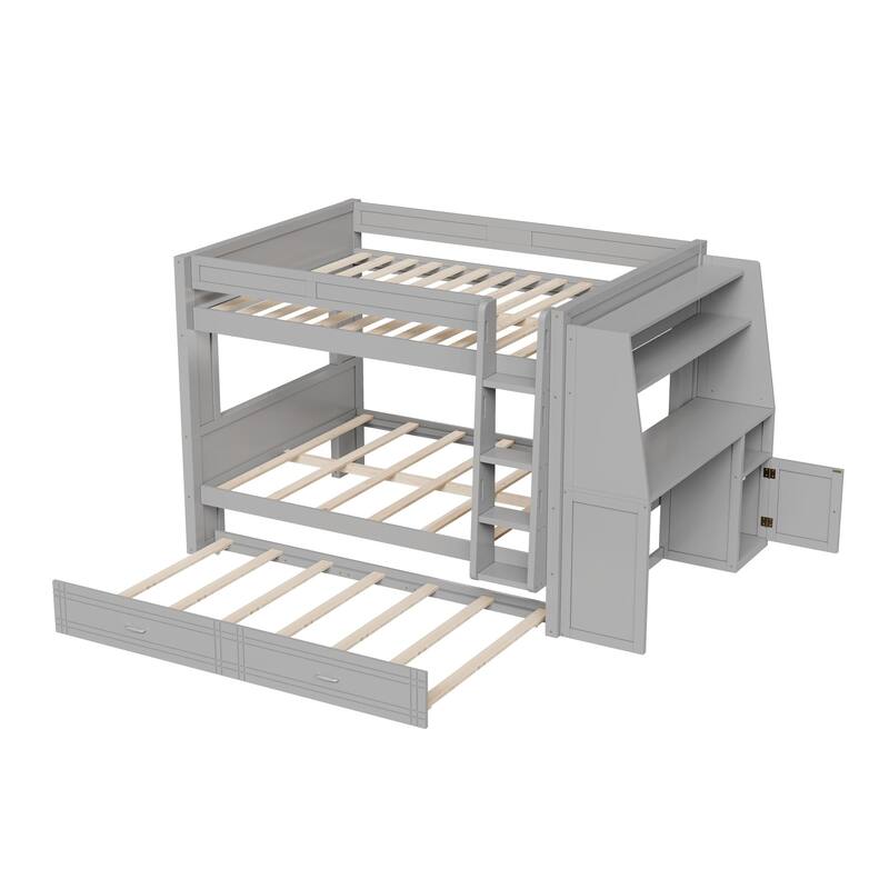 Full Size Multifunctional Bunk Bed Frame with Bookshelves, Desk and Cabinet, Optional with Pull-out Drawers or Trundle Bed