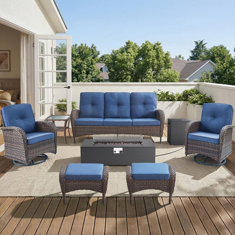 Pocassy Outdoor 7-Piece Sofa Swivel Chair Ottoman with Fire Table - Brown Wicker Blue Cushion - 7-Piece Sofa Swivel Chair Ottoman with Fire Table