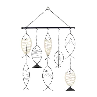 Metal Fish Indoor Outdoor Wire Wall Decor with Rattan Accents - Black - Roche River Decor