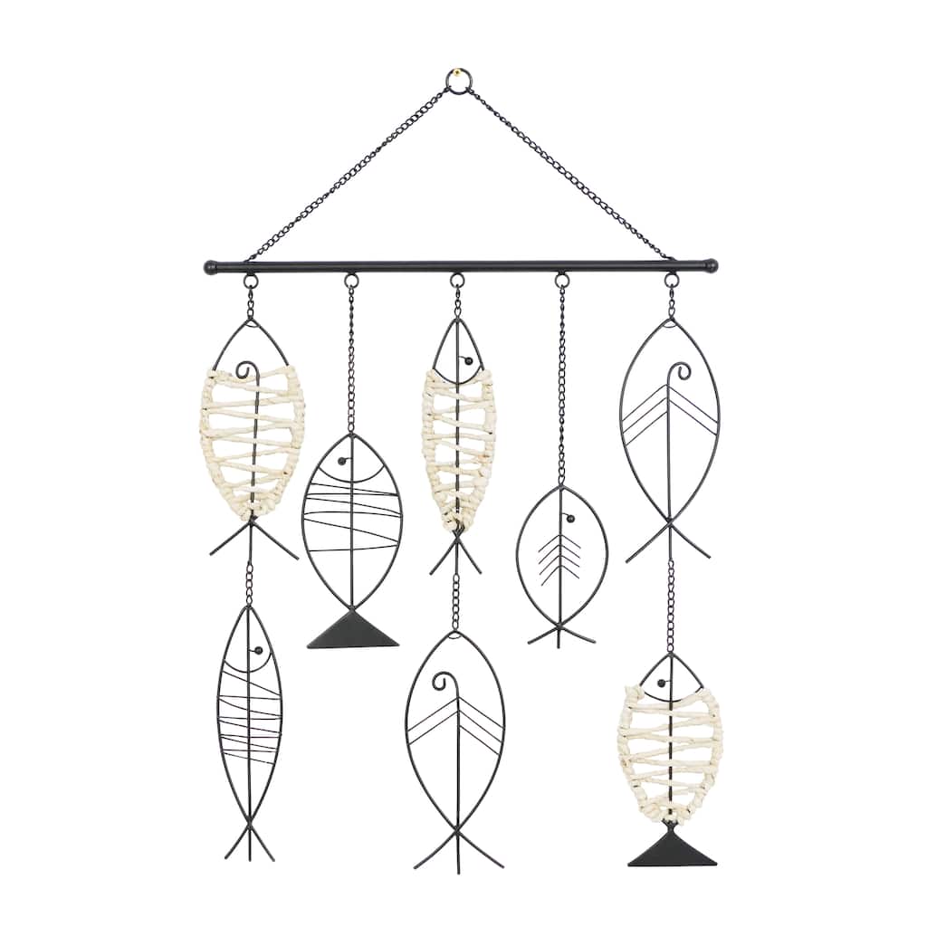 Metal Fish Indoor Outdoor Wire Wall Decor with Rattan Accents - Black - Roche River Decor