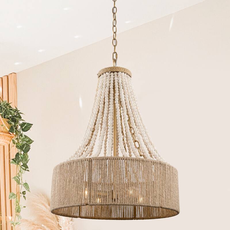 4-Light Golden Farmhouse Wood Bead Chandelier - Gold