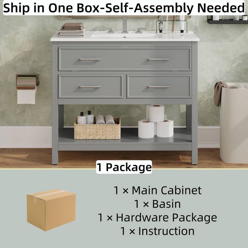 Bathroom Vanity with Sink, Multi-Functional Wood Bathroom Cabinet, Vanities Set with Open Shelf, Tip-Out Tray & 2 Drawers