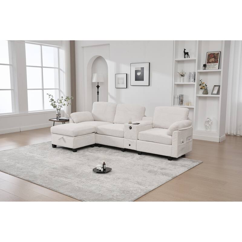 HOMEFUN Corduroy Upholstered L-Shaped 4-seater Storage Multifunctional Sectional Sofa with Storage Ottoman,Cup Holder and USB - Beige