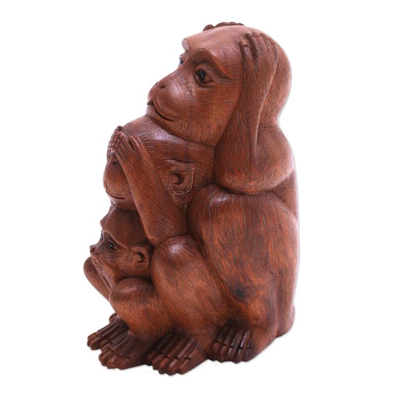 Handmade Three Monkey Sages In Brown Wood Statuette (Indonesia) - 7" H x 3.7" W x 4.9" D
