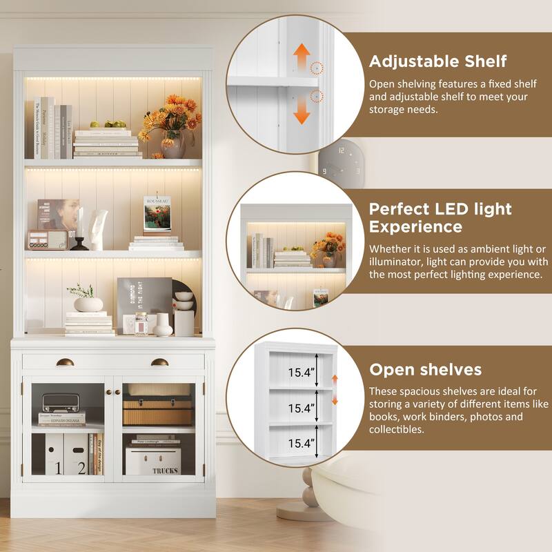83.4" Large Bookshelf Suite with LED Lighting, 2-Piece Wood Storage Bookcase Set with Glass Doors, Drawers & Open Shelves