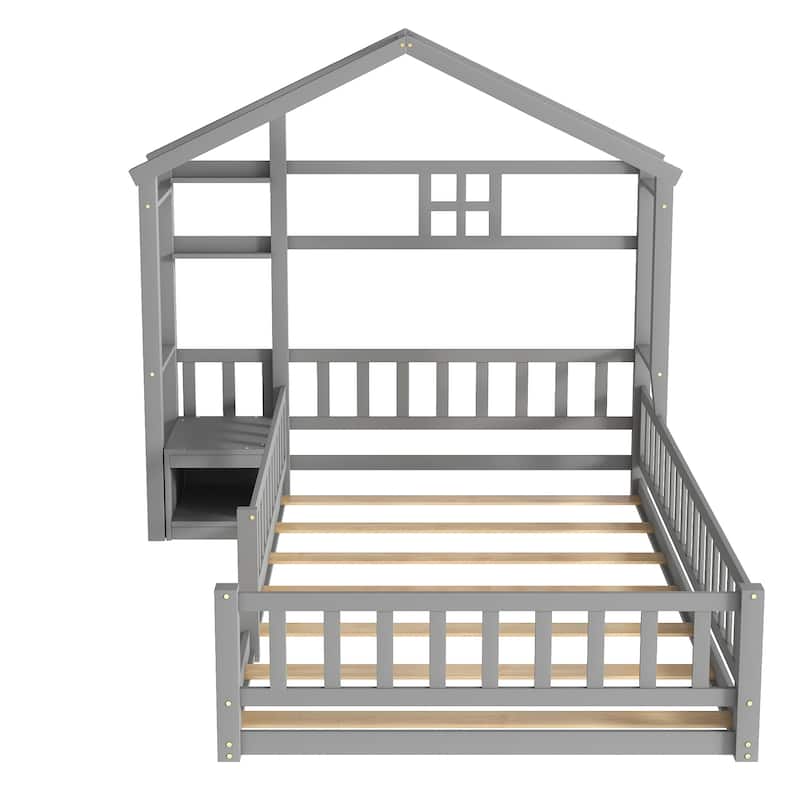 House-Style Headboard Floor Bed with Fence Guardrails