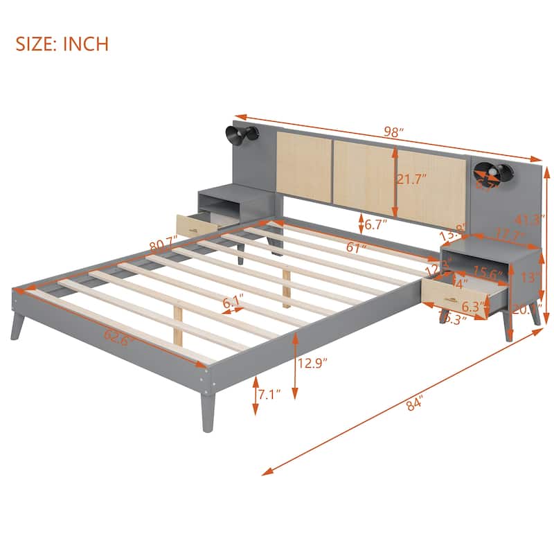 Queen Bedroom Set – Solid Wood Frame with Rattan Accents & Matching Nightstands .