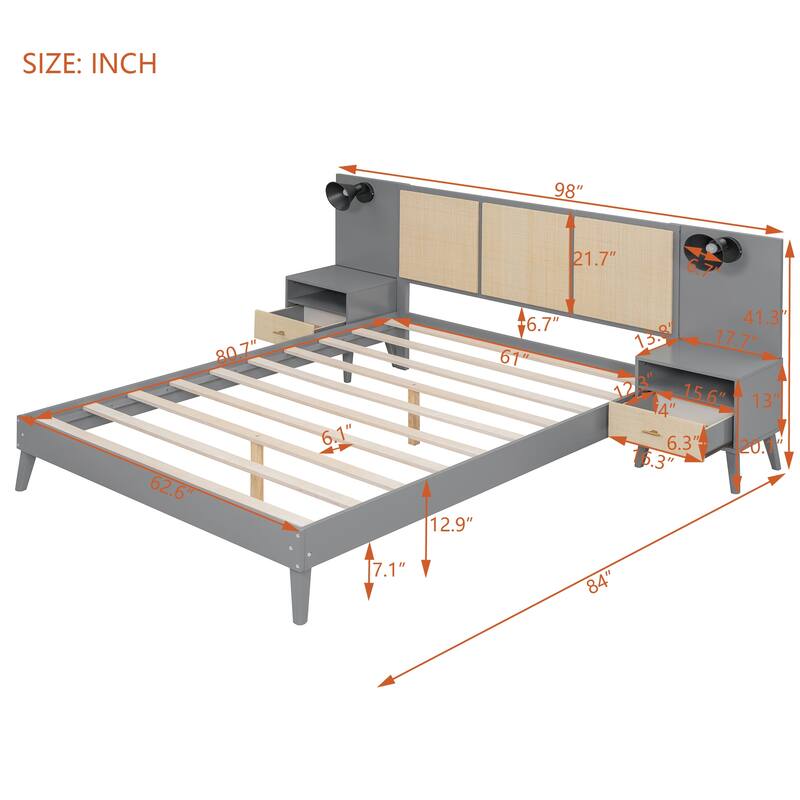 Wood Queen Size Bed Frame Elegant Platform Bed with 2 Storage Nightstands and 2 Lamps, No Box Spring Needed