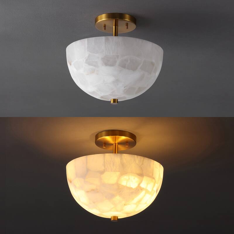 Jules 11.88" 2-Light Modern Alabaster/Iron Inverted Dome LED Semi Flush Mount, White Marbling/Brass Gold by JONATHAN Y