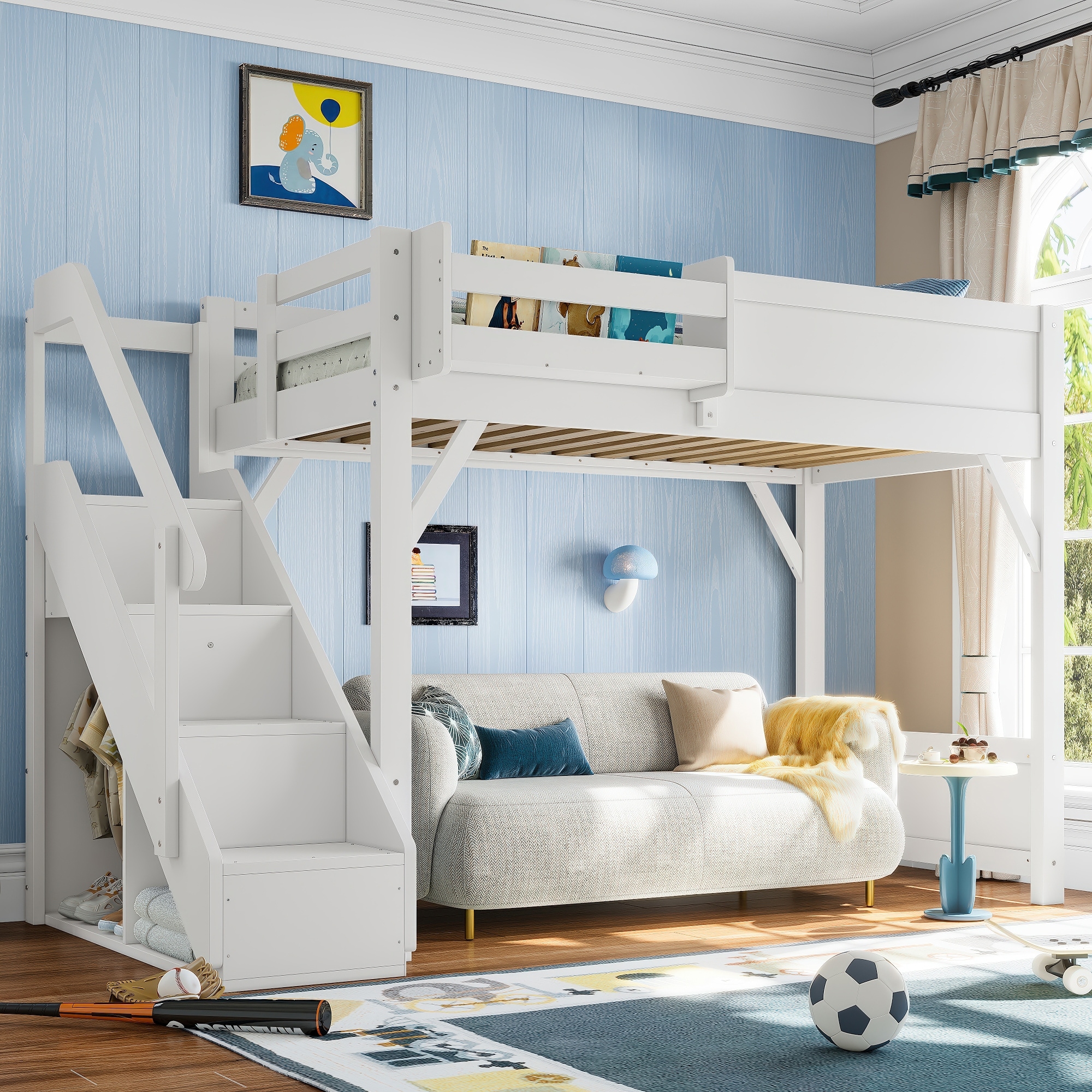 Twin Size Loft Bed with Built-in Wardrobe and Storage Space, Loft Bed with Beside Shelves, Full-length Guardrails and Stairs